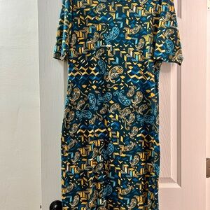 LuLaRoe Geometric Paisley Midi Dress - Teal and Yellow